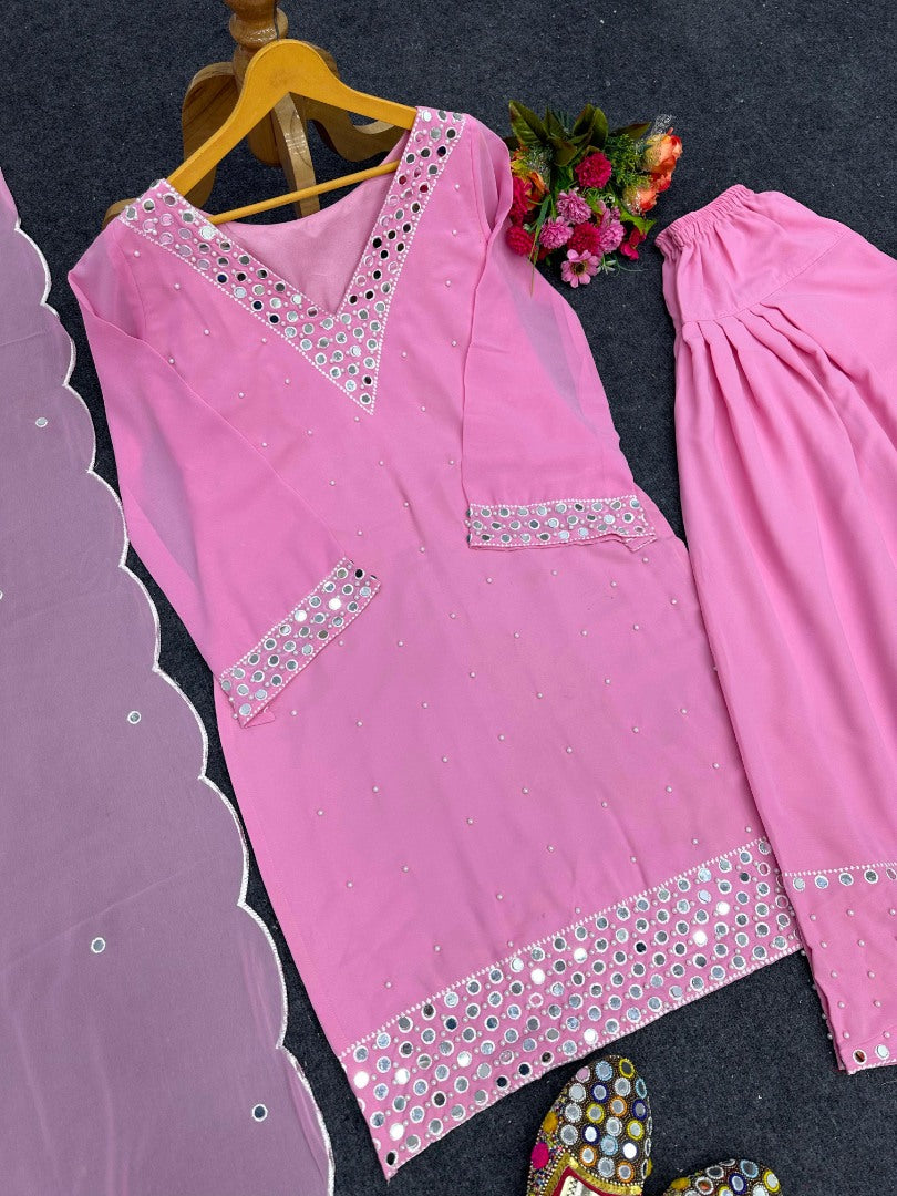 Baby pink georgette mirror work afghan dhoti suit