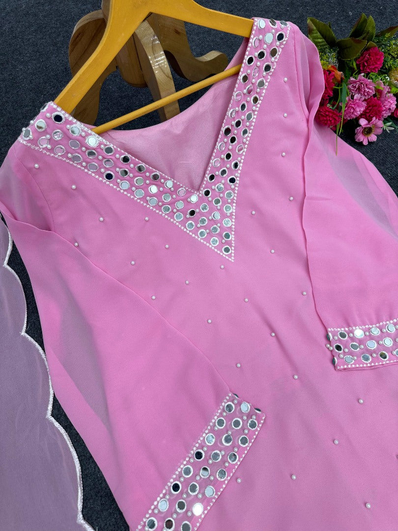Baby pink georgette mirror work afghan dhoti suit