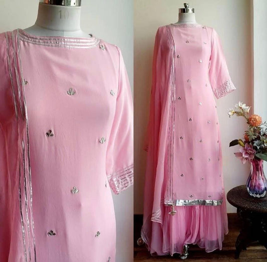 baby pink georgette mirror work sharara suit