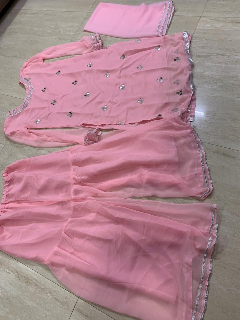 baby pink georgette mirror work sharara suit