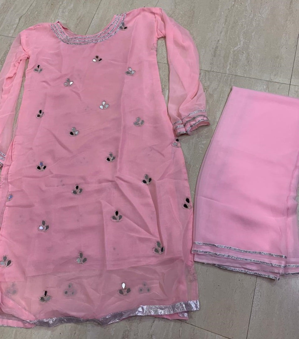 baby pink georgette mirror work sharara suit
