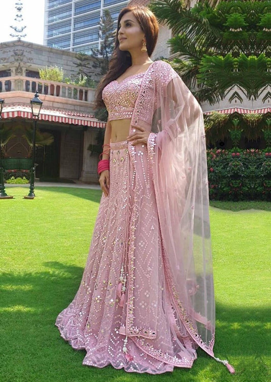 Baby pink georgette paper mirror embroidered wedding lehenga choli