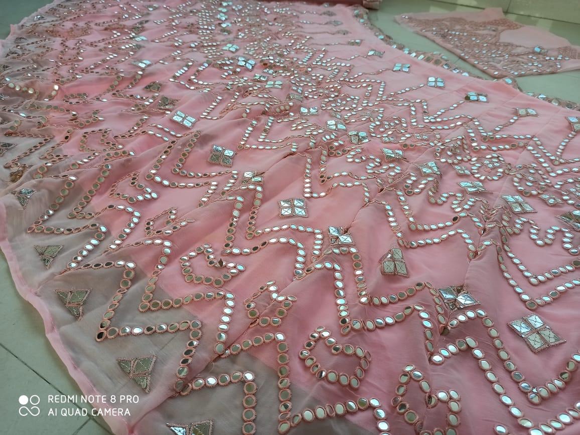 Baby pink georgette paper mirror embroidered wedding lehenga choli