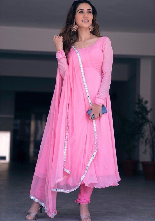 Baby pink georgette pearl work anarkali suit