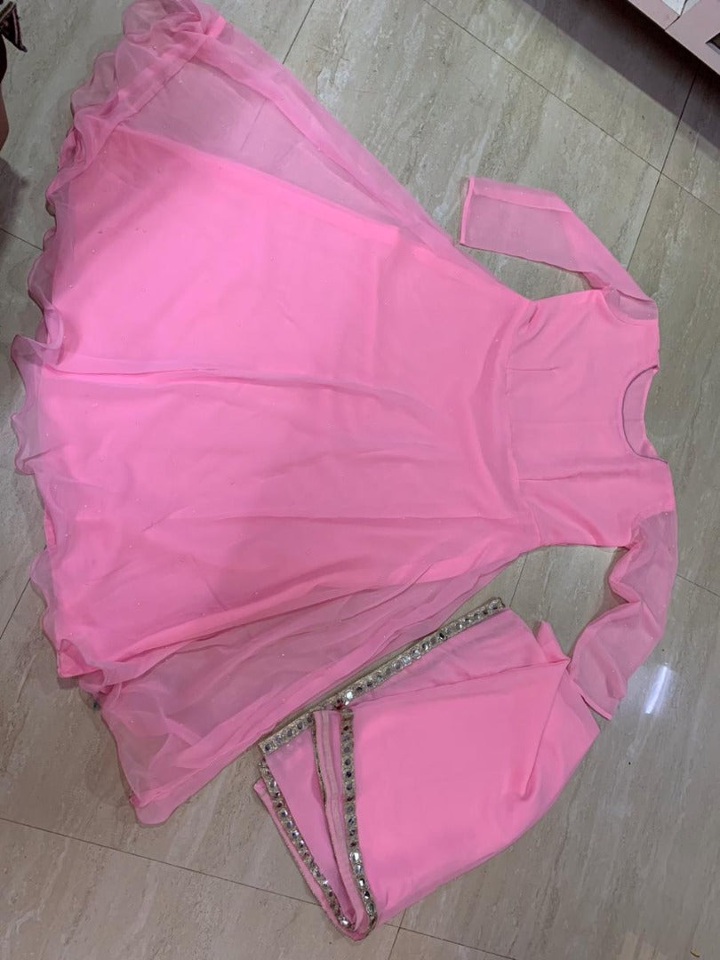 Baby pink georgette pearl work anarkali suit