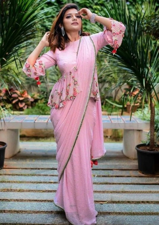 Baby pink georgette pearl work saree with long choli