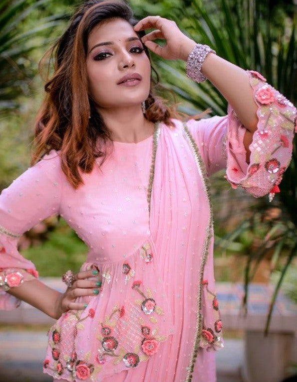 Baby pink georgette pearl work saree with long choli