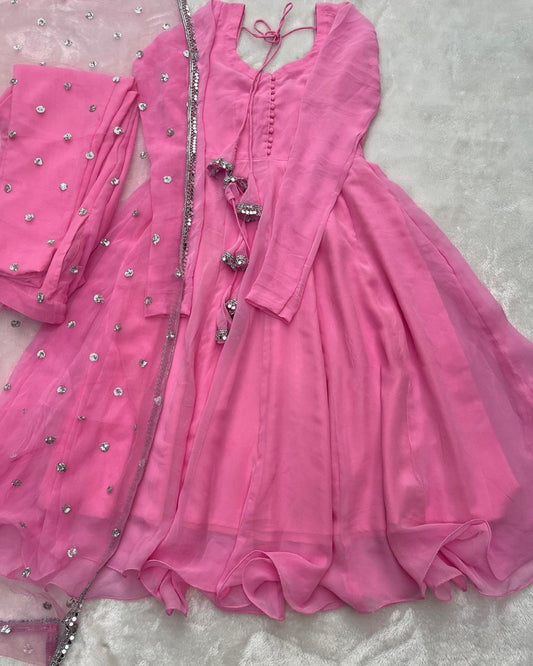 Baby pink georgette plain party wear anarkali suit