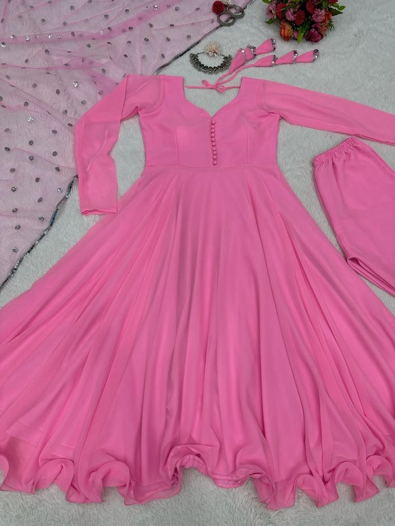 Baby pink georgette plain party wear anarkali suit