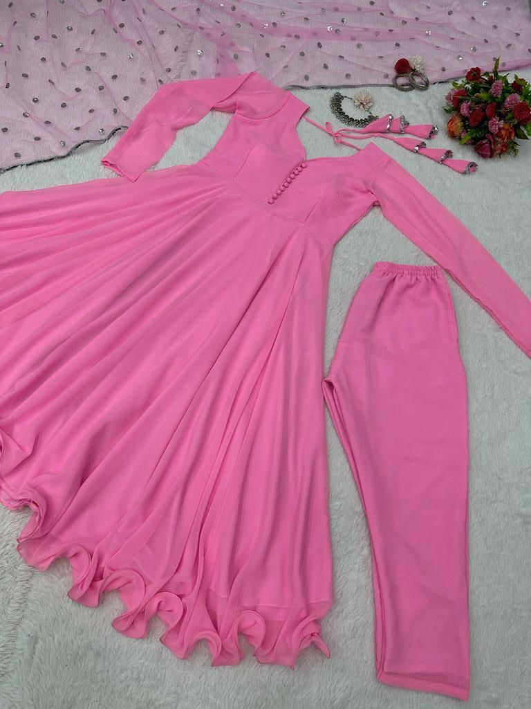 Baby pink georgette plain party wear anarkali suit