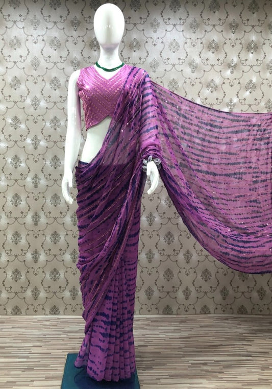 Baby pink georgette printed and embroidered saree