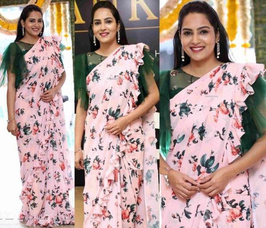 Baby pink georgette printed ruffle border saree