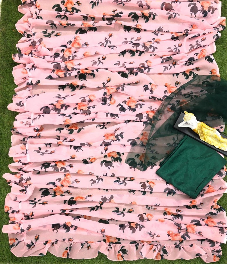 Baby pink georgette printed ruffle border saree