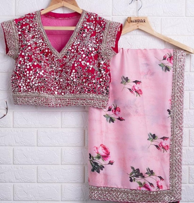 Baby pink georgette printed with cording rear mirror work saree