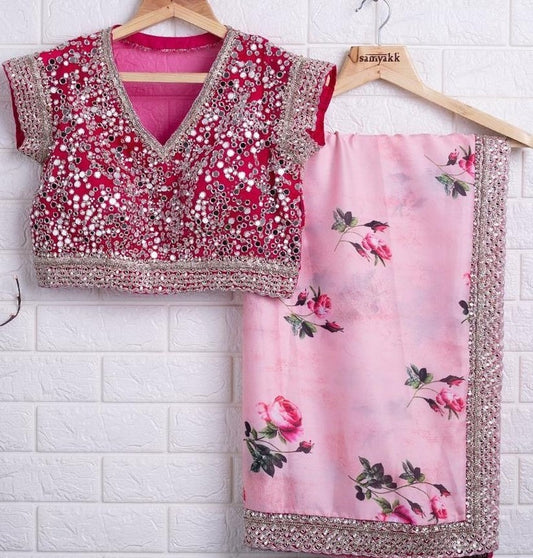 Baby pink georgette printed with cording rear mirror work saree