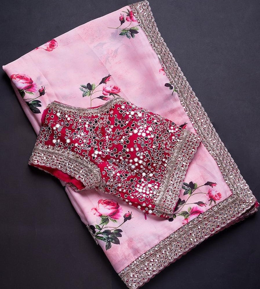 Baby pink georgette printed with cording rear mirror work saree