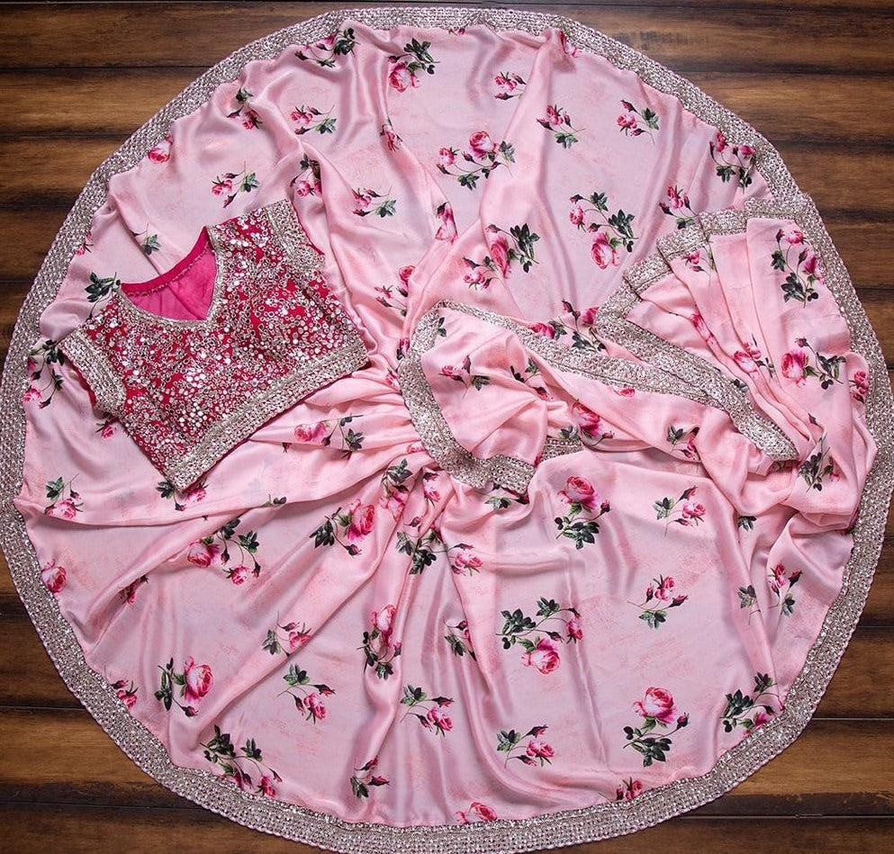 Baby pink georgette printed with cording rear mirror work saree