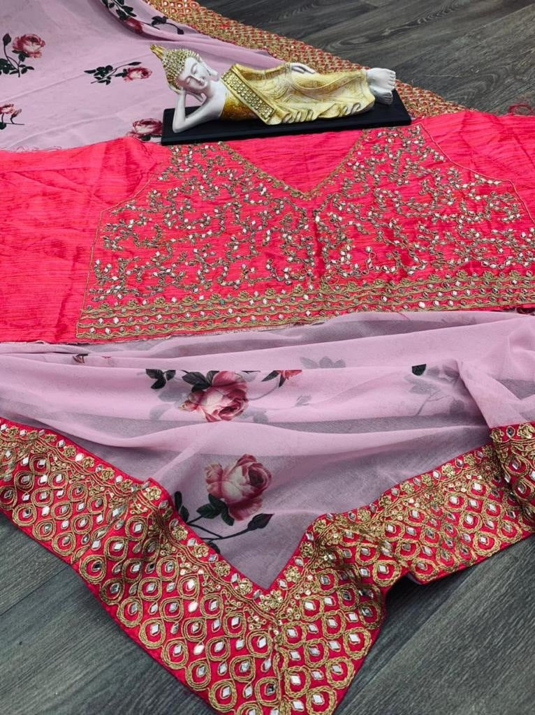 Baby pink georgette printed with cording rear mirror work saree