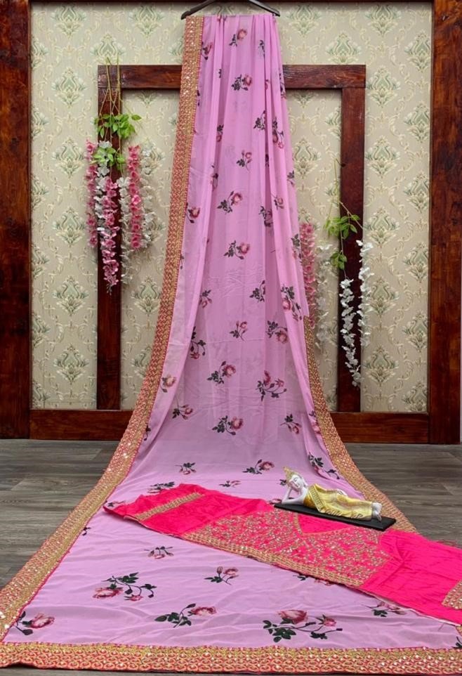 Baby pink georgette printed with cording rear mirror work saree