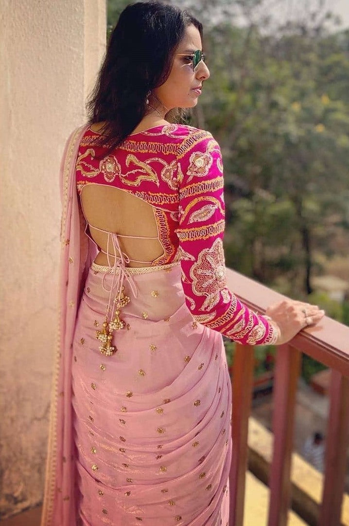 Baby pink georgette sequence and dori work saree
