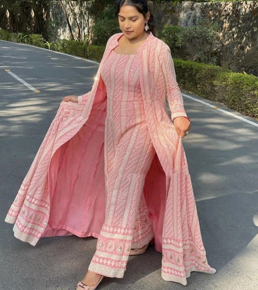 Baby Pink georgette sequence chain stitch shrug suit