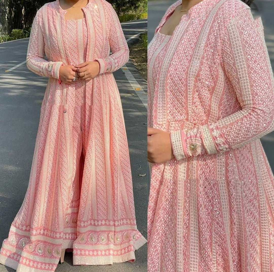 Baby Pink georgette sequence chain stitch shrug suit