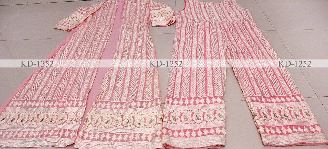 Baby Pink georgette sequence chain stitch shrug suit
