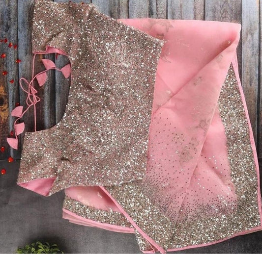 Baby pink georgette sequence with piping work saree