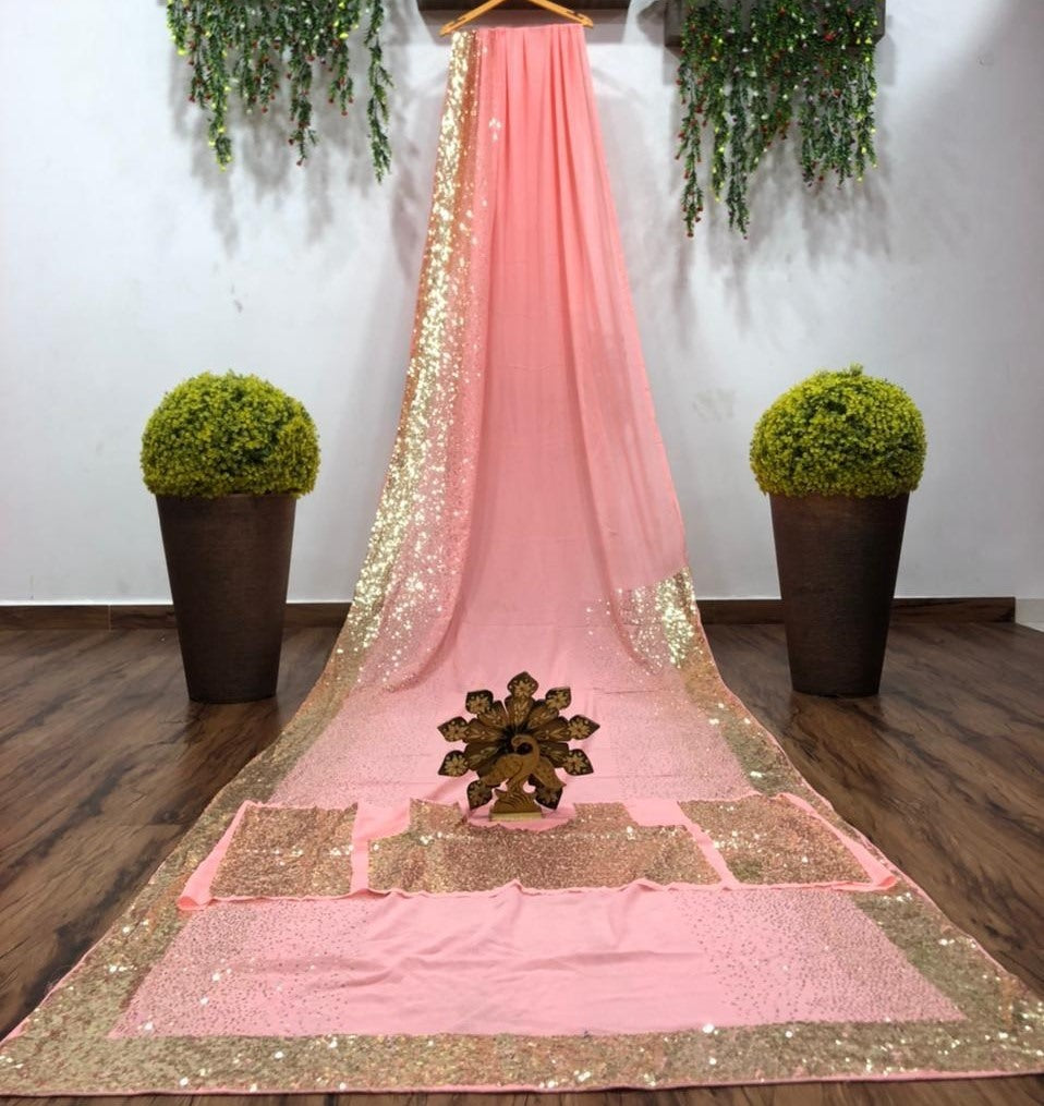 Baby pink georgette sequence with piping work saree