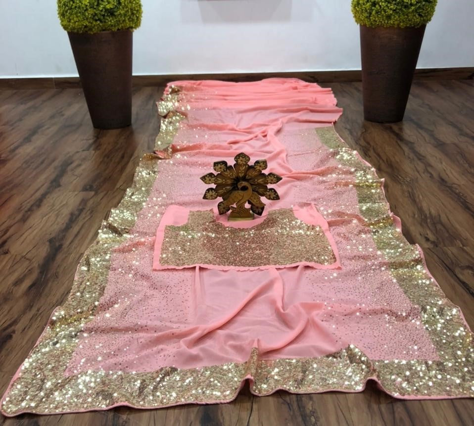 Baby pink georgette sequence with piping work saree