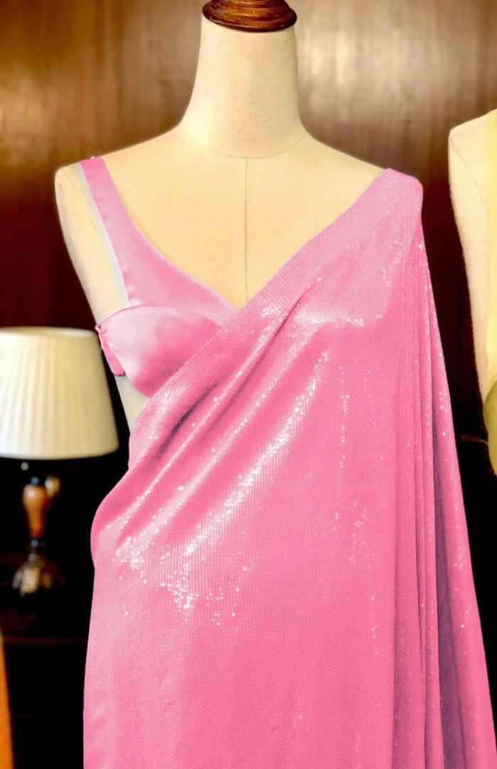 Baby pink georgette sequence work partywear saree