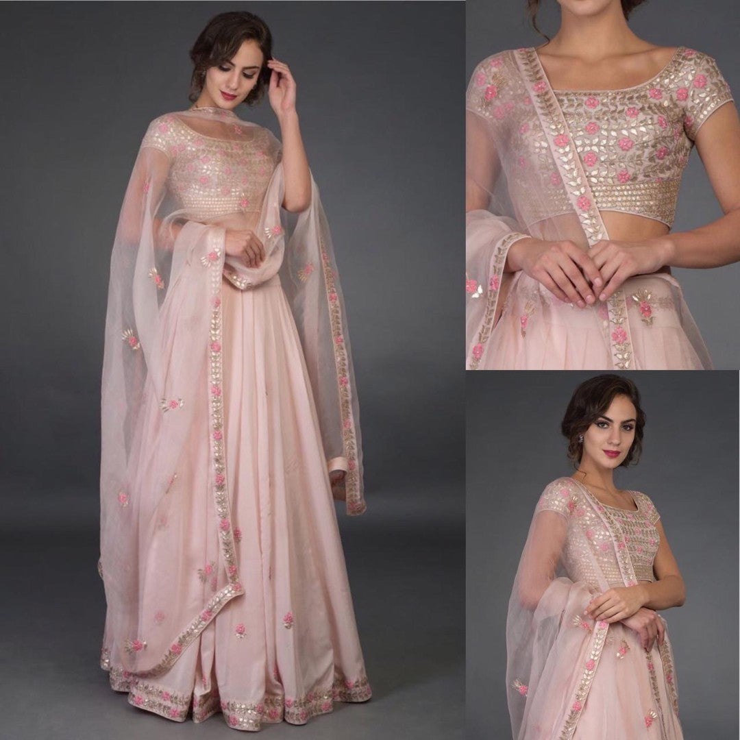 Baby pink georgette thread and gota patti work wedding lehenga choli