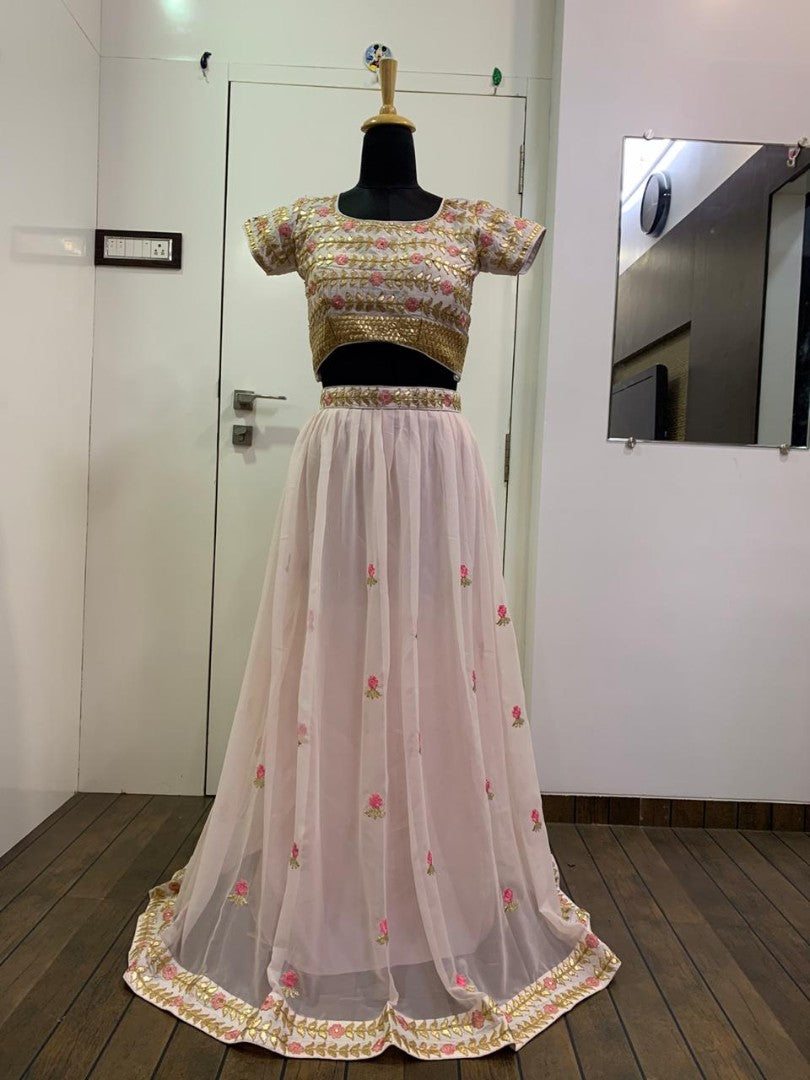 Baby pink georgette thread and gota patti work wedding lehenga choli