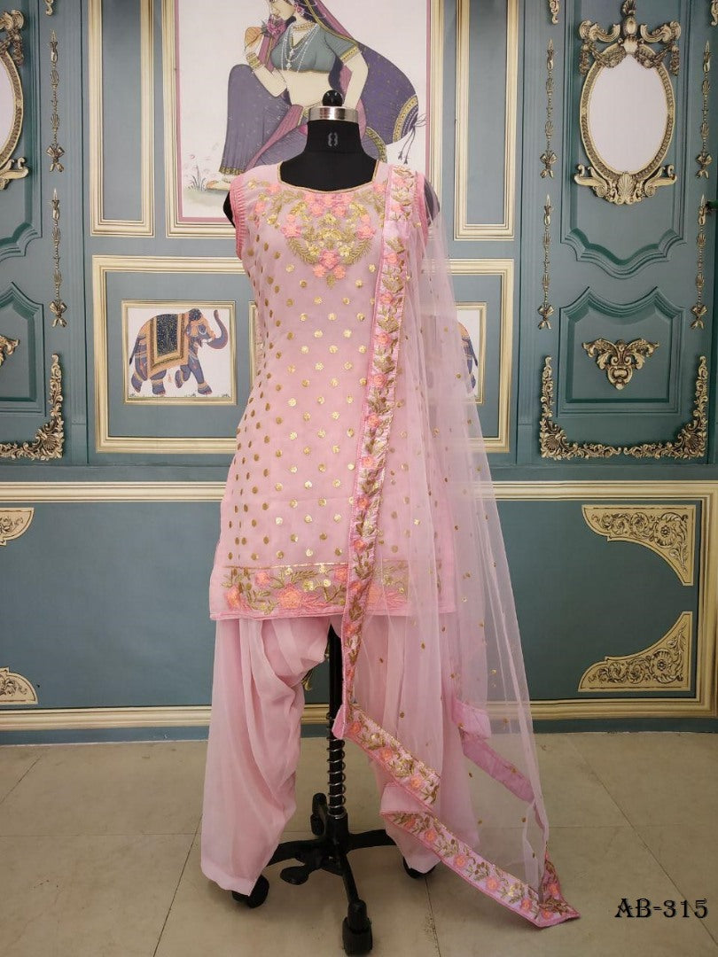 Baby pink georgette thread embroidered patiala salwar suit