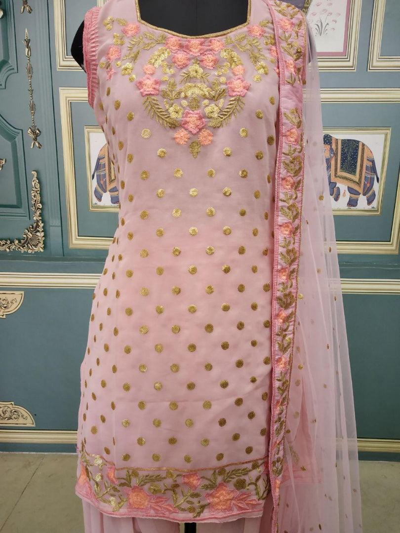Baby pink georgette thread embroidered patiala salwar suit
