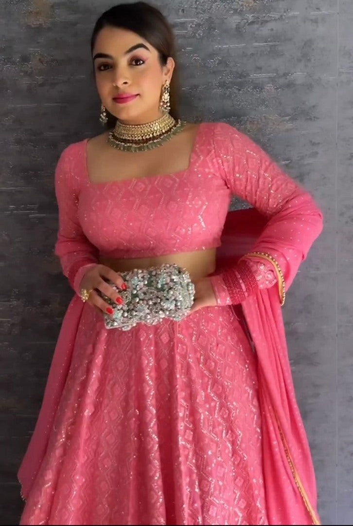 Baby pink georgette thread sequence work girlish lehenga choli for ceremony