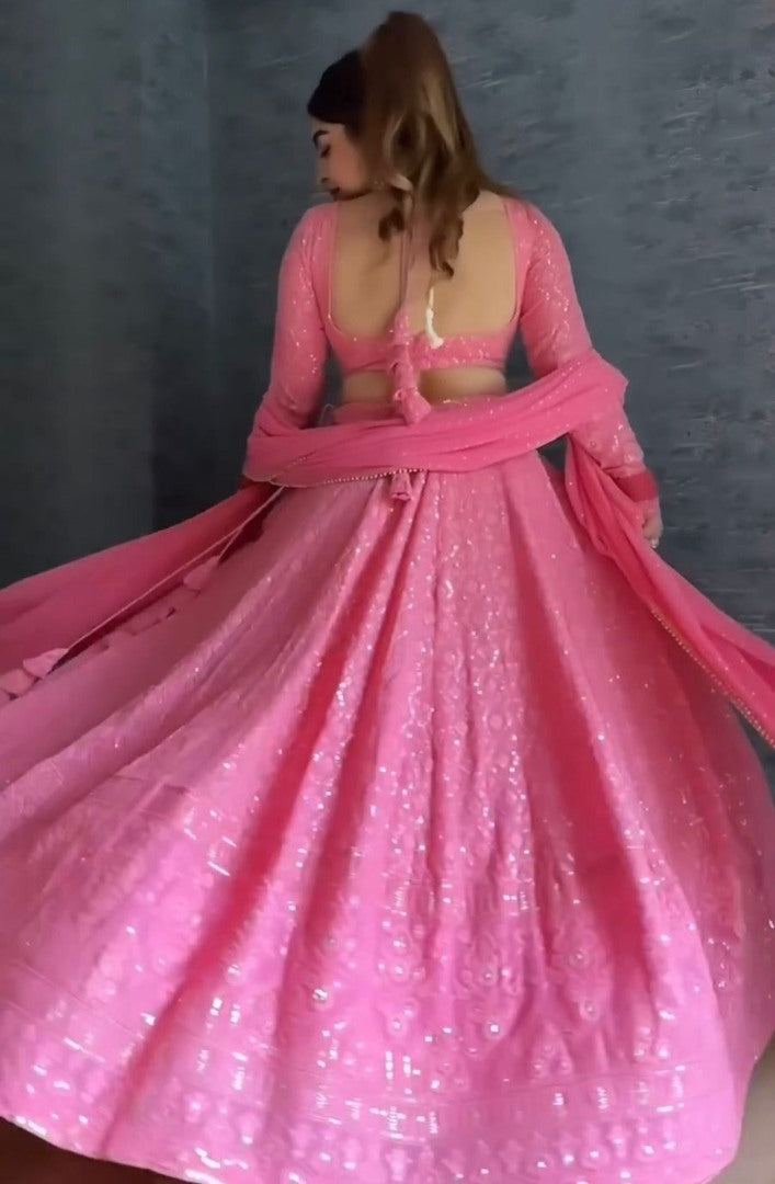 Baby pink georgette thread sequence work girlish lehenga choli for ceremony