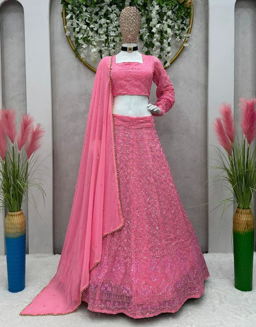 Baby pink georgette thread sequence work girlish lehenga choli for ceremony