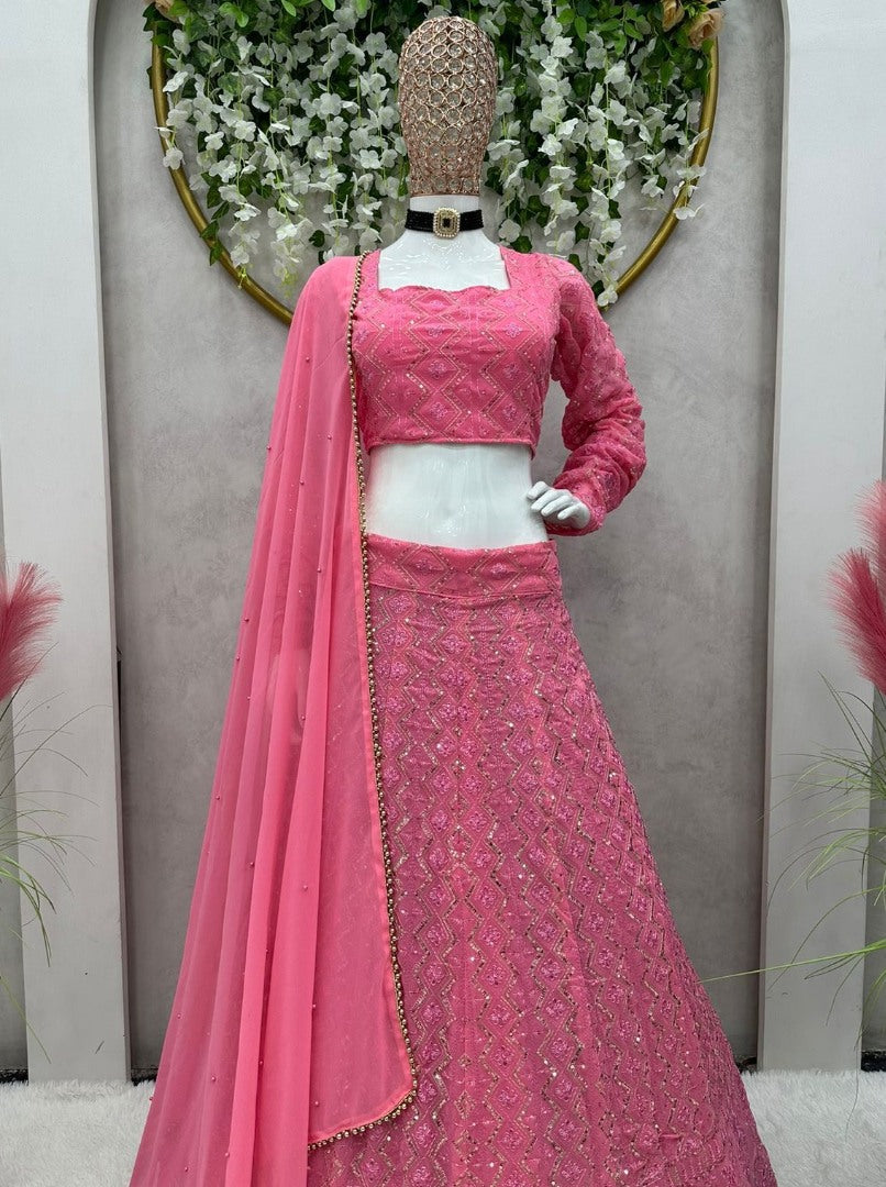 Baby pink georgette thread sequence work girlish lehenga choli for ceremony