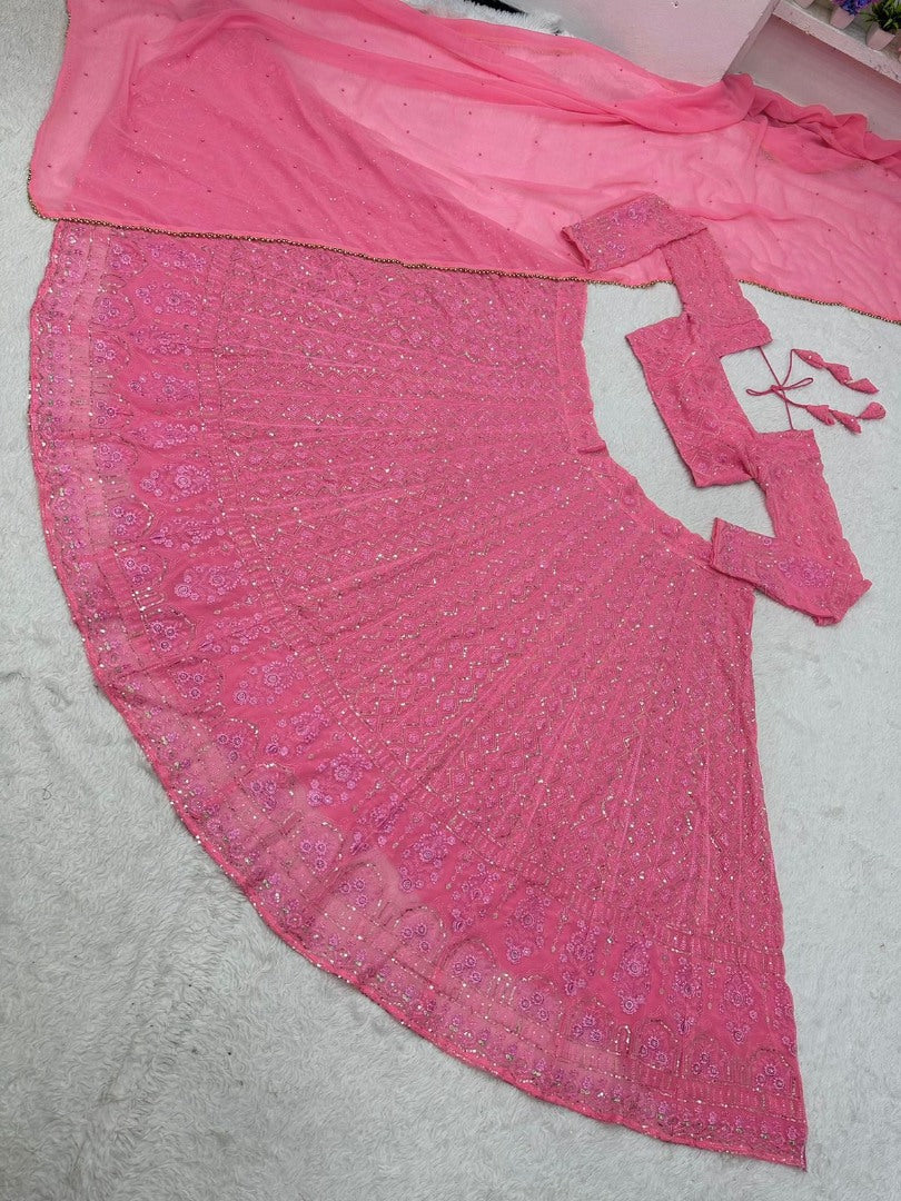 Baby pink georgette thread sequence work girlish lehenga choli for ceremony