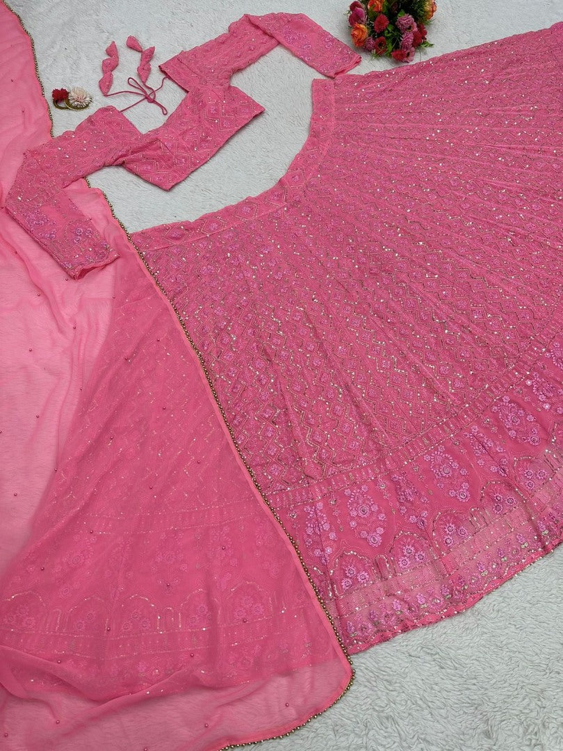 Baby pink georgette thread sequence work girlish lehenga choli for ceremony