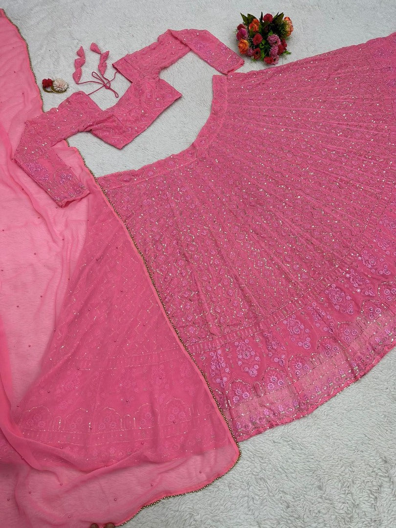 Baby pink georgette thread sequence work girlish lehenga choli for ceremony