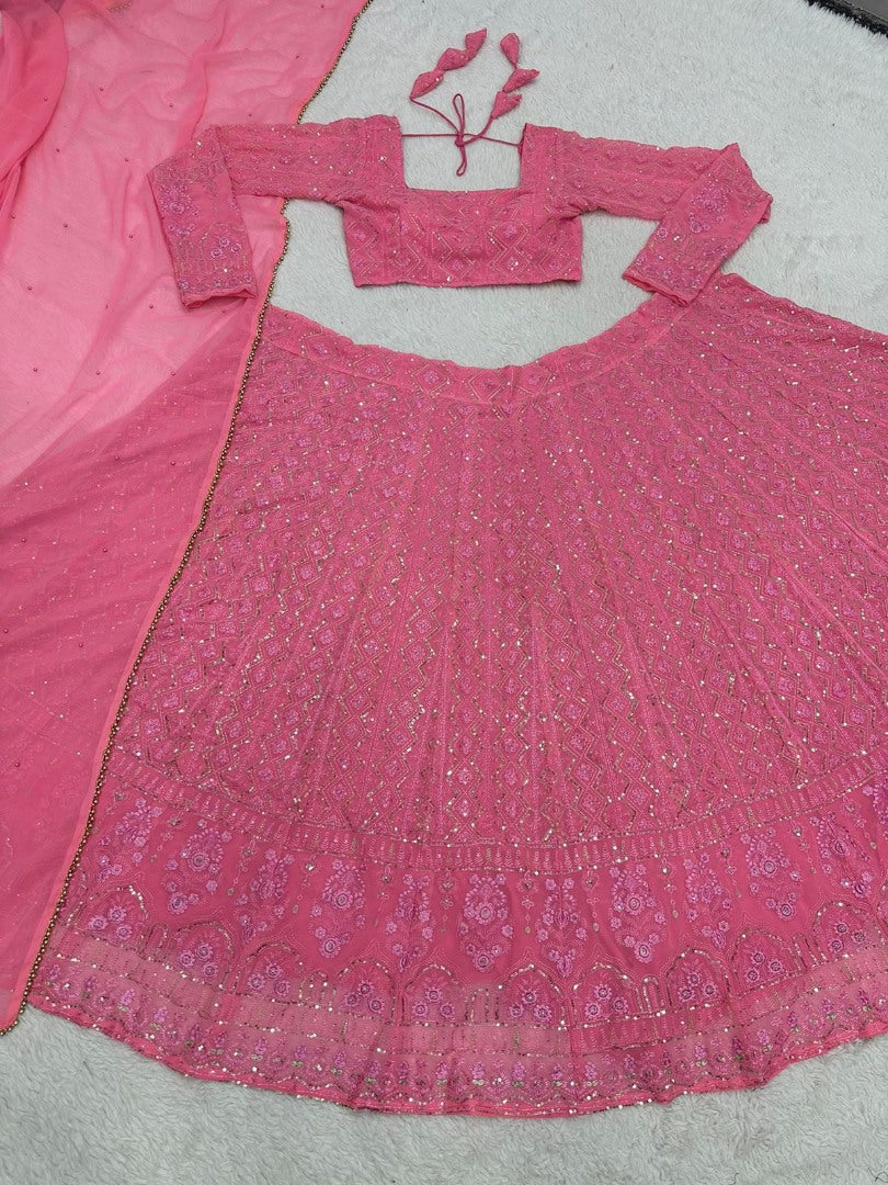 Baby pink georgette thread sequence work girlish lehenga choli for ceremony