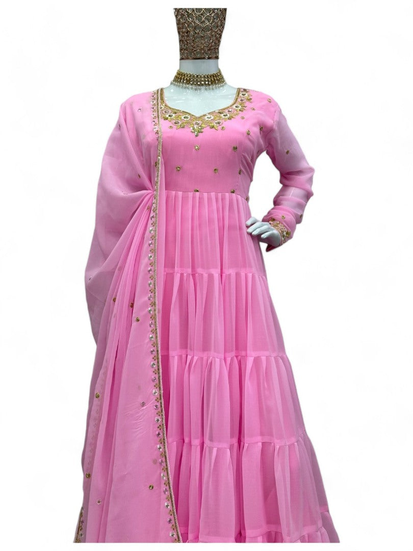 Baby pink georgette thread sequence work heavy flair party wear gown