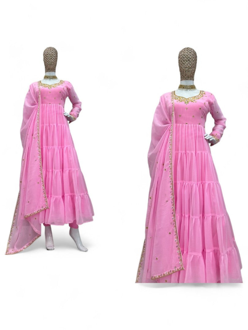 Baby pink georgette thread sequence work heavy flair party wear gown