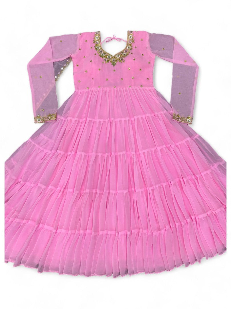 Baby pink georgette thread sequence work heavy flair party wear gown