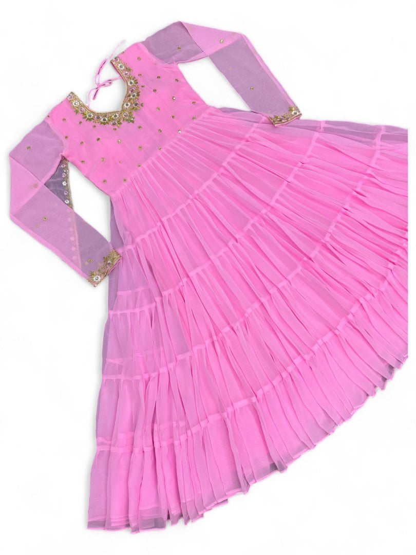 Baby pink georgette thread sequence work heavy flair party wear gown