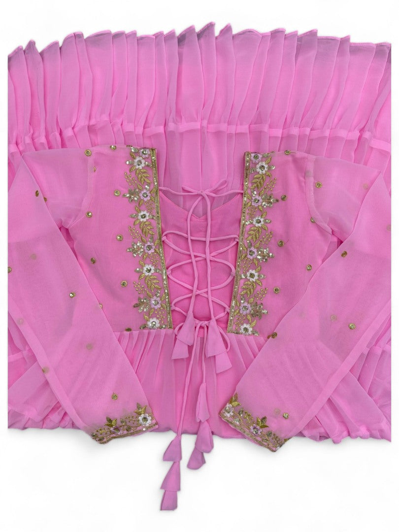 Baby pink georgette thread sequence work heavy flair party wear gown