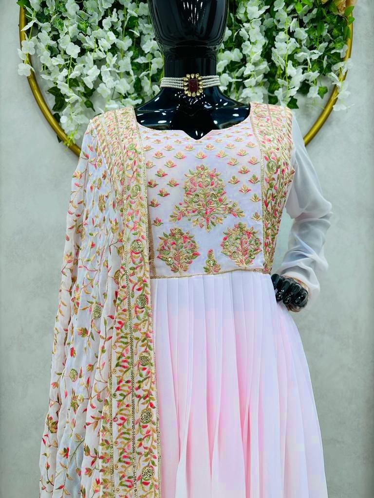 Baby pink georgette thread sequence work naira cut pant suit