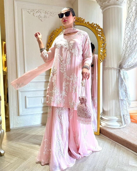 Baby pink georgette thread work sharara salwar suit